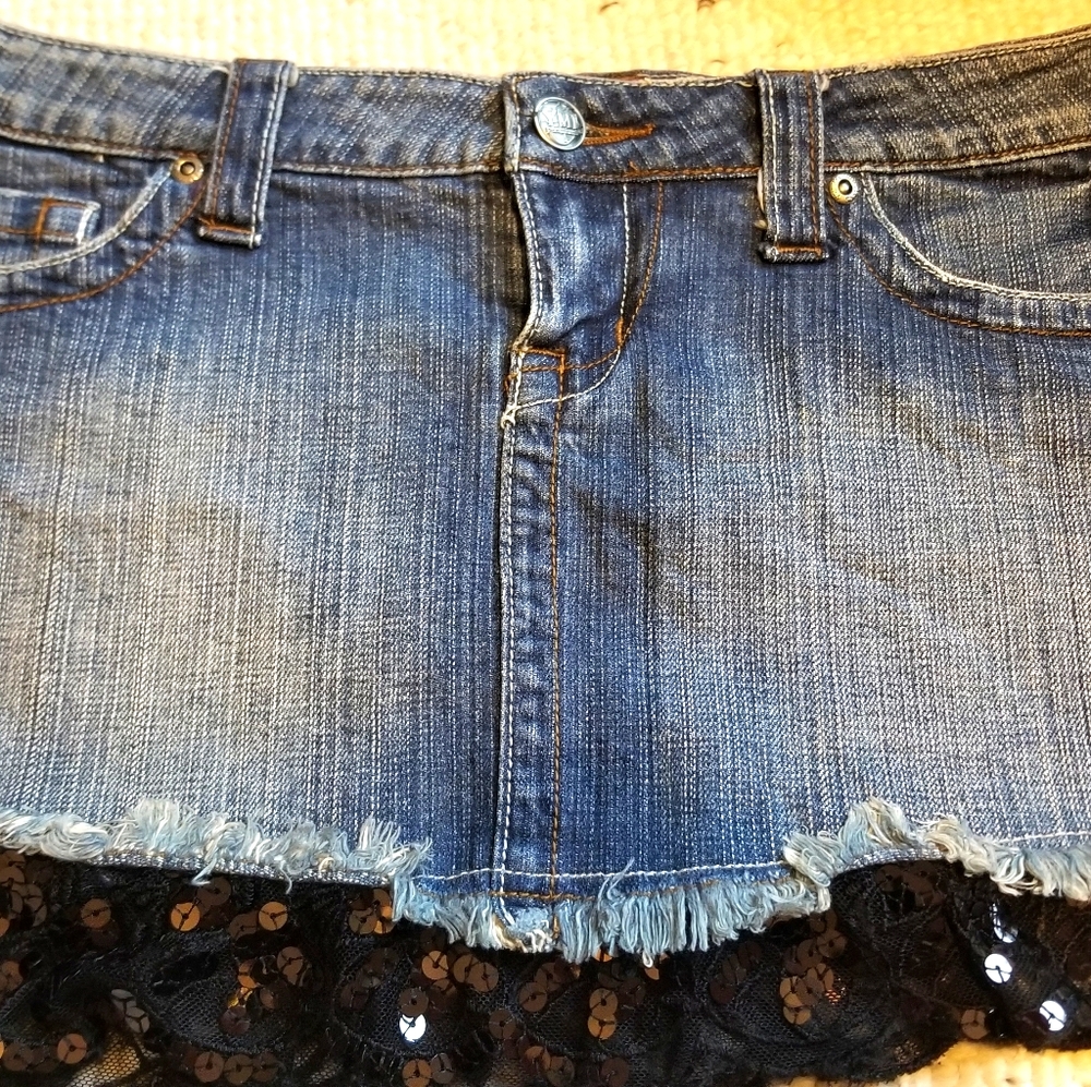 Denim skirt with black lace sequin trim size 9